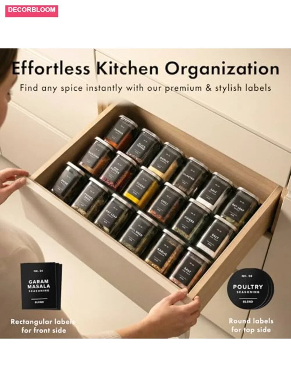 12 Square Spice Jars with Stainless Steel Lids, Funnel & 160 Labels